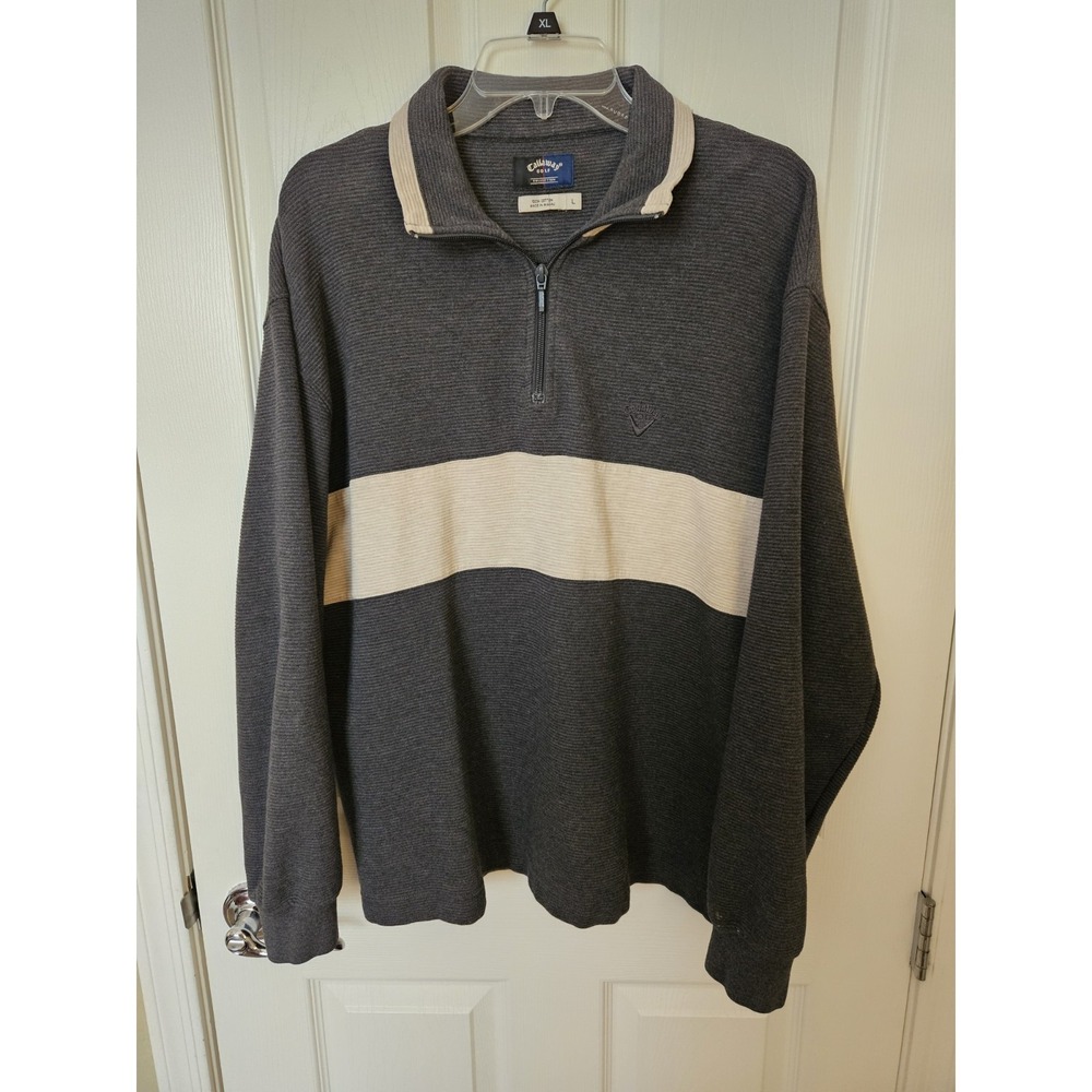 Callaway Golf Men's 1/4 Zip Long Sleeve Ribbed Pullover 100% Cotton Gray/Beige L